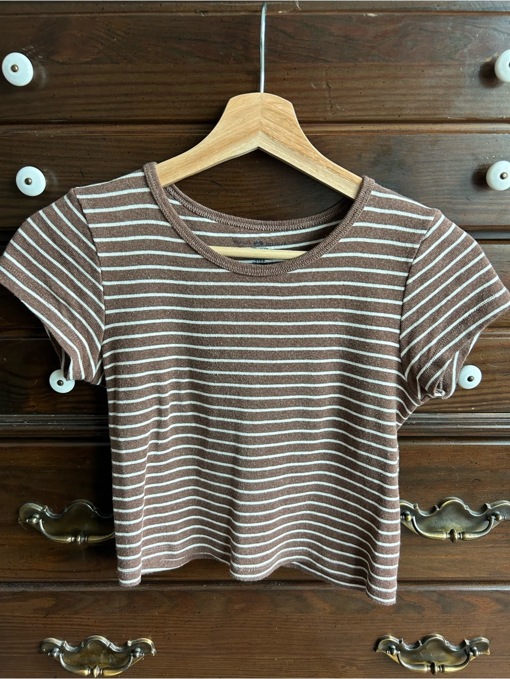 Brandy Melville Brown & White Striped Baby Tee